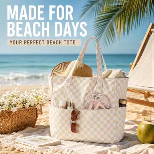 LEDAOU Beach Bag Waterproof Sandproof Women Beach Tote Pool Bag with Zipper for Swim Gym Grocery Travel with Wet Pocket | Sandproof - color: Light Khaki White Checkered