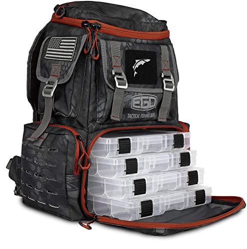 EGO Kryptek Tactical Tackle Box Backpack, Durable Fishing Tool Bag, 1000D Nylon Fabric with PVC Back, Water-Resistant, Multiple Storage Pockets, Laser-Cut Molle Loops, Includes 4 Tackle Trays - color: Typhon, size: 15 liters
