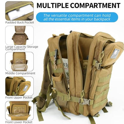gracedon Tactical Backpack - Military Molle Bag 3 Days Pack for men and Women Large Assault Rucksack 45L (Khaki) - color: Khaki