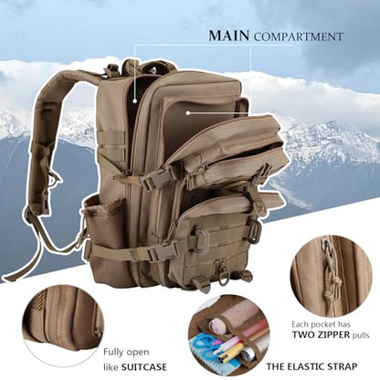 Hannibal Tactical 30L MOLLE Assault Pack, Tactical Backpack Military Army Camping Rucksack with Bottle Holder, 3-Day Pack, Khaki - color: Khaki, size: 30L