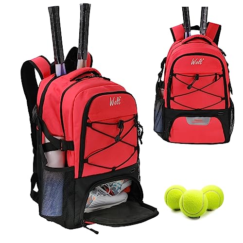 WOLT Tennis Bag - Large Tennis Racket Backpack for Men & Women - Ventilated Shoe Compartment - Holds 2 Rackets - color: Red