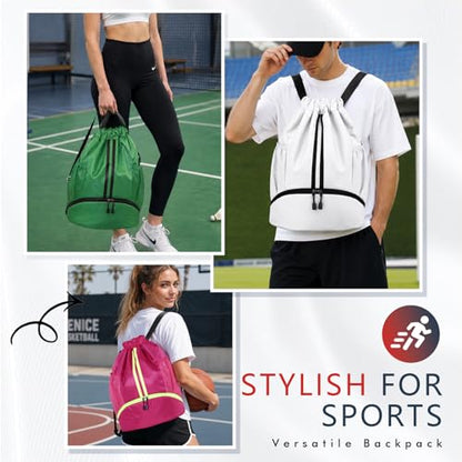 PinCute Drawstring Backpack for Women Men, Gym Bag for Soccer, Basketball, Swim, Beach, Water-Resistant Sports Backpack with Wet Pocket and Shoe Compartment, White - color: White