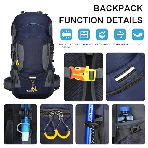 ShowyLive 60L Waterproof Hiking and Camping Backpack for Men - Durable, Lightweight Large Hiking Backpack with Rain Cover, Multi Compartments, and Adjustable Straps, Blue - color: Blue, size: 60L