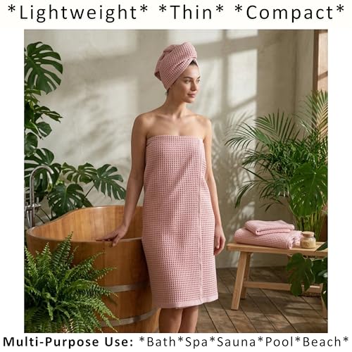 PÜSKÜL Natural 100% Turkish Cotton Waffle Bath Towels Set of 2-Piece | 32x63 inch Extra Large Absorbent Quick-Dry Lightweight Spa Towel | Luxury Sauna Accessories (Pink Powder Bath Towels - Pack of 2) - color: Pink Powder