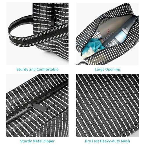REDSINDA Mesh Shower Caddy Bag for Bathroom Gym Camping Portable Travel Mesh Toiletry Bag for Women Men - color: Standard Black with White Stripes