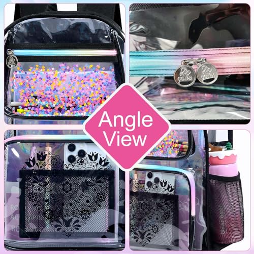 gxtvo 3PCS Clear Backpack, Women’s Sequins Transparent Bookbag Set, Cute Heavy Duty See-Through School Bag for Teens and Elementary Students – Flower Black Love - color: Flower Black Love Clear Backpack Set