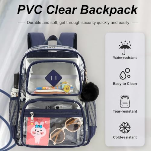 Heavy Duty Clear Backpack for Girls Boys Transparent School Bookbag Kids Durable PVC See Through Backpack-Navy Blue - color: Navy Blue