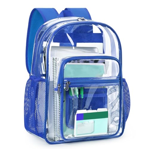 ZORFIN Clear Backpack Heavy Duty for School & Work – 17in Transparent PVC Bag with Large Capacity & Reinforced Straps – See Through Bookbag for Men, Women, Boys & Girls, Workplace Security - Blue - color: Blue, size: Medium