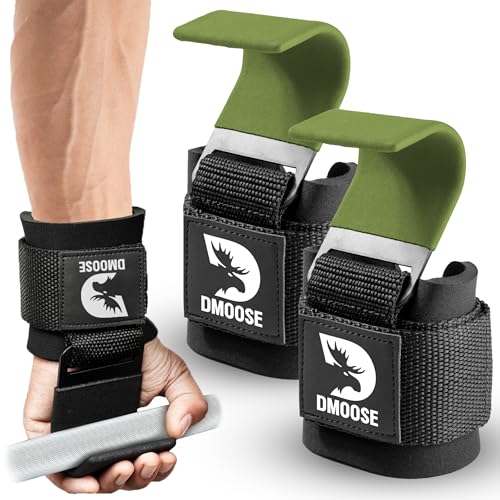 DMoose Fitness Weight Lifting Hooks (Pair) for Deadlifts, Pull Ups, Rows & Shrugs - Anti-Rip Nylon Strap Hand Grips with Thick Wrist Padding - Heavy Duty Wrist Straps for Weightlifting & Gym Workouts - color: Green