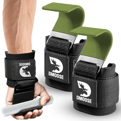DMoose Fitness Weight Lifting Hooks (Pair) for Deadlifts, Pull Ups, Rows & Shrugs - Anti-Rip Nylon Strap Hand Grips with Thick Wrist Padding - Heavy Duty Wrist Straps for Weightlifting & Gym Workouts - color: Green