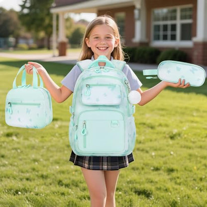 Bevalsa Backpack for Girls 3PCS Teen Girls Backpack for School with Lunch Bag Pencil Case Green Cute Kids Laptop Backpacks Bookbag for Elementary Middle High School College Student (Butterfly) - color: Green Butterfly