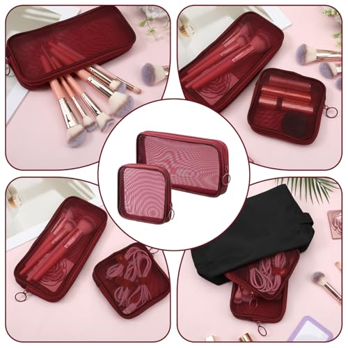2 Pcs Purse Organizer Pouches Red Mesh Makeup Bag Mesh Cosmetic Bag Burgundy Makeup Bags Portable Travel Organizing Zipper Pouch Toiletries Make Up Pouches for Home Office Travel Accessories