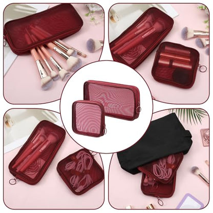2 Pcs Purse Organizer Pouches Red Mesh Makeup Bag Mesh Cosmetic Bag Burgundy Makeup Bags Portable Travel Organizing Zipper Pouch Toiletries Make Up Pouches for Home Office Travel Accessories