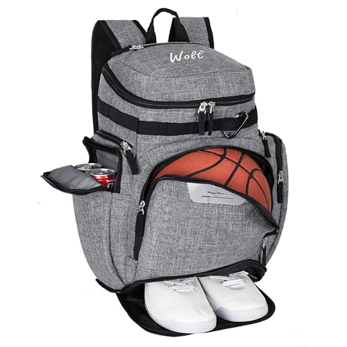 WOLT Basketball Bag Backpack with Separate Ball Compartment and Shoes Pocket, Gym Bags for Men, Large Sports Bag for Basketball, Soccer, Volleyball, Baseball - color: Grey
