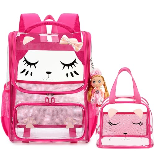 AO ALI VICTORY clear backpack Girls with Tote Bag Heavy Duty PVC Transparent Cute Backpack for Kids Toddler Preschool Bookbags Elementary School Bags See Through Casual Travel Daypack, Rose Red Set - color: Rose Red Set