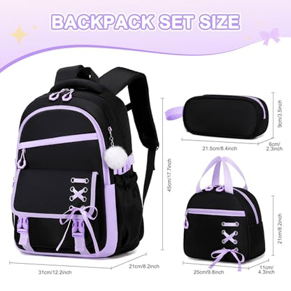 Scothen 3PCS Girls Backpack for School, Kids Backpack for Girls with Lunch Bag Pencil Case, Kids Bookbag Teen Backpacks for Elementary Middle High School (Black-Purple) - color: Black-purple