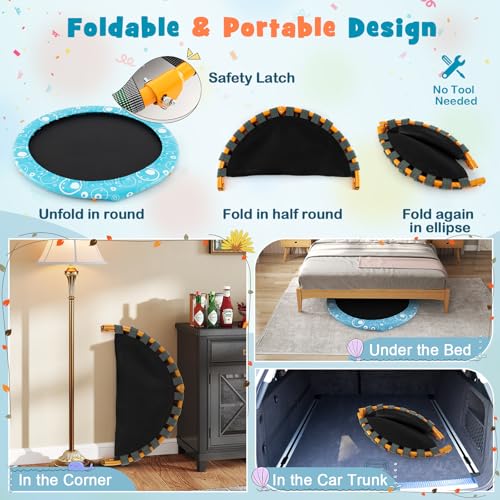 KOTEK 36 Inch Toddler Trampoline, Foldable Mini Recreational Trampoline with Handle & Safety Padded Cover, ASTM Approved Small Baby Trampoline, Indoor Trampoline for Kids, Max Load 330 Lbs - color: Orange