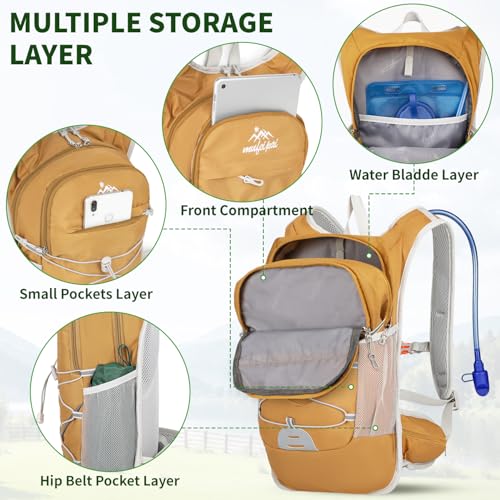 Hydration Backpack with 2L Water Bladder - 20L Water Backpack for Hiking, Cycling, Running, Biking, Lightweight Hiking Pack Bag for Women & Men with Trekking Pole Holders - color: yellow with 2L water bladder