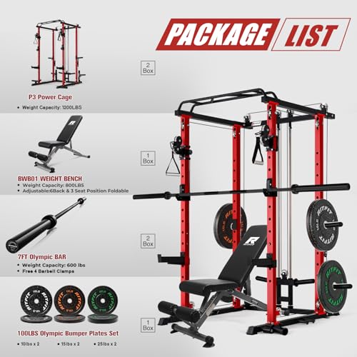 RitFit Multi-Function Garage & Home Gym Package Includes 1200LBS Power Cage PPC03/P3 with Cable Crossover System, Weight Bench, Olympic Barbell Weight Set, Full Body Workout - color: Red, style: Package 1.2K (with FBP 100lbs Plates)