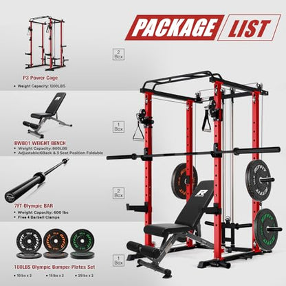 RitFit Multi-Function Garage & Home Gym Package Includes 1200LBS Power Cage PPC03/P3 with Cable Crossover System, Weight Bench, Olympic Barbell Weight Set, Full Body Workout - color: Red, style: Package 1.2K (with FBP 100lbs Plates)