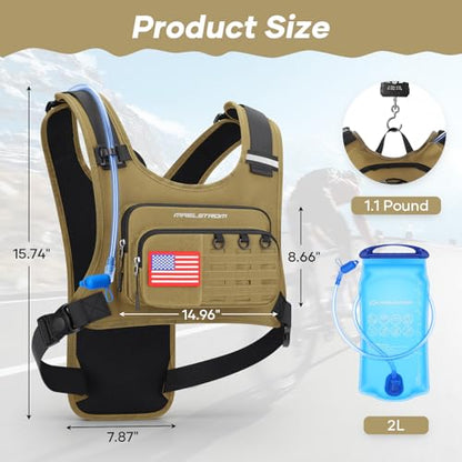 Maelstrom Hydration Vest with 2L Water Bladder Backpack for Running Hiking | Chest Pack, BPA-free, High Flow Bite, Reflective Stripe, Helmet Buckle, Detachable, Breathable Pad, for Cycling, Marathon - color: Khaki