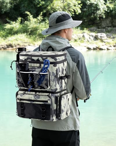 HXLGMD Fishing Backpack with Rod Holders, Double Layer Large Water-resistant Tackle Bag Store Gear with Cooler, Grey - color: Grey Camouflage