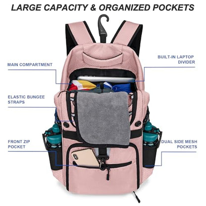 Basketball Backpack with Separate Ball & Ventilated Shoe Compartment, Sports Bag with Hook for Men Women Teens Training Travel - color: Flesh Pink