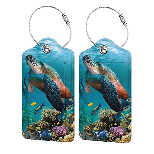 2 Pack Sea Turtle Luggage Tags for Suitcases, Cool Leather Luggage Tag for Travel, Bag Tag Privacy Name ID Card Bag Labels for Friends Adults Kids Tourists - color: Turtle