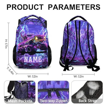 Boys Backpack Truck Backpacks Personalized Name for Kids Toddler, Large Capacity Bookbag for School Travel Outdoor - color: Purple