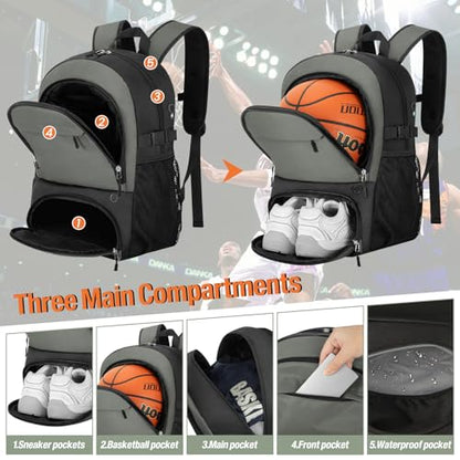 OCKLILY Basketball Backpack - Large Sports Equipment Bag with Ball Holder & Shoe Compartment, Sport Bags for Basketball, Soccer, Volleyball, Gym, School and Travel, 30L - color: Grey