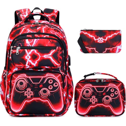 Bevalsa Backpack for Boys, Lightning School Bags with Lunch Bag & Pen Case for Kids, Bookbag for Boys Teens Elementary Middle High School - color: Red Game