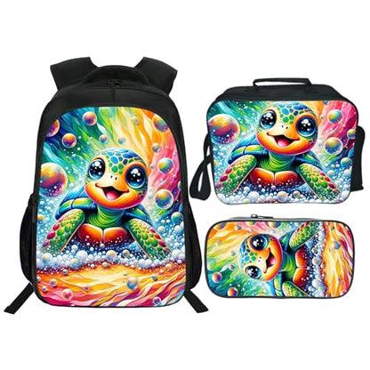 Turtle Backpack Kids Bookbag 16inch Schoolbag With Lunch Box Bag And Pencil Case Set For Boys Girls - color: Turtle
