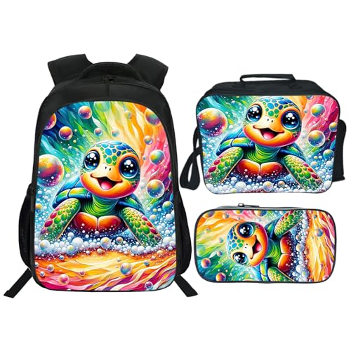 Turtle Backpack Kids Bookbag 16inch Schoolbag With Lunch Box Bag And Pencil Case Set For Boys Girls - color: Turtle