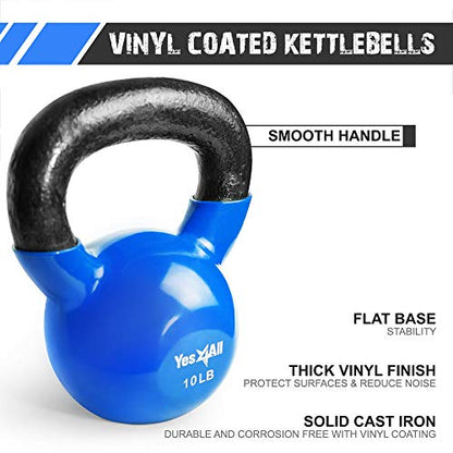 Yes4All Kettlebell, Vinyl Coated Kettlebell Cast Iron Sets with Stable Flat Bottom for Full Body Workout, Push up, Grip Strength Training & Weights Exercises - color: Blue, style: 10 - 15lb