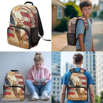 3 in 1 School Backpack, 3PCS American Flag Elk Kids Bookbag Set Large Capacity 17 Inch Student Backpack with Lunch Box and Pencil Case - color: American Flag Elk