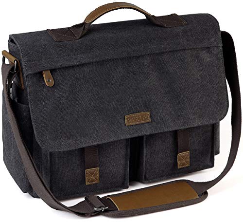 Messenger Bag for Men,VASCHY Vintage Water Resistant Canvas Satchel 14 15.6 17inch Laptop Briefcase - color: 15.6-grey
