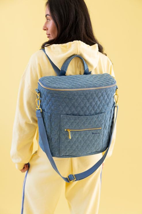 FAWN DESIGN The Original Diaper Bag, Faux Leather Diaper Bag Backpack, Vegan Leather, Large Capacity Baby Bag for Mom - color: Denim