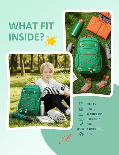 MOUNTAINTOP 18L Kids Backpack, Lightweight Children Daypack for Boys Girls, School Bag with Chest Strap, 29 * 16 * 45CM - color: Green
