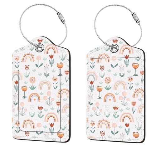 2 Pcs Luggage Tags for Suitcase, Cute Unique PU Leather Travel Bag Tag with Privacy Cover ID Label Address Card and Durable Metal Ring Suitable for Men Women Children Backpack,Rainbow and Flowers - color: Rainbow and Flowers