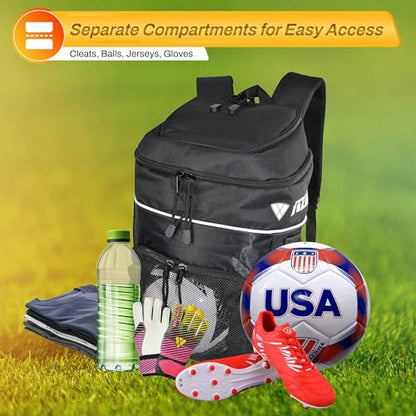 Vizari Soccer Backpack Soccer Bag | Water resistant Durable Equipment Bag for Football, Basketball, Volleyball | Cleats and Ball Compartment - Red,Blue,Black - color: BLK