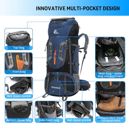 Bseash 80L Waterproof Hiking Camping Backpack with Rain Cover, Lightweight Outdoor Sport Travel Daypack for Climbing Touring (Navy Blue) - color: Navy Blue