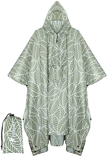 PTEROMY 3-in-1 Hooded Rain Poncho for Adult with Pocket, Waterproof Lightweight Unisex Raincoat for Hiking Camping Emergency - color: Antique Foliage