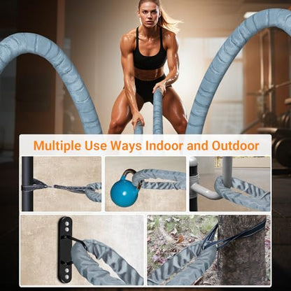 Battle Rope 1/1.26/1.5/2 Inch Diameter,Pink 30FT/40FT/50FT Exercise Workout Ropes for Home Gym Heavy Weighted Training Rope for Working Out - style: 1.5 inch 30ft-Gray