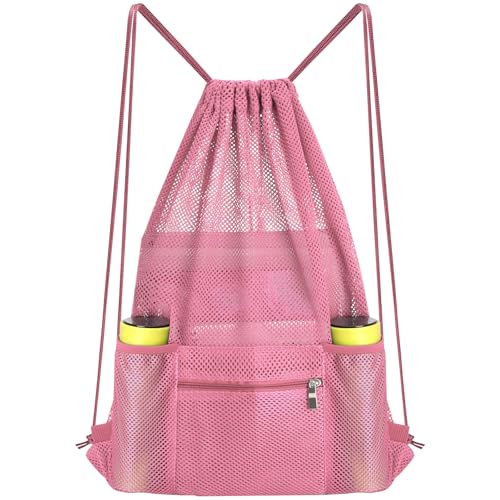 NATURAL STYLE Mesh Drawstring Backpack Bag, Gym Sports Bag with Zipper Pocket Bottle Holder, String Beach Bag for Swiming Travel (Pink) - color: Pink