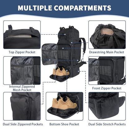 70L Hiking Backpack for Men Women Camping bag with Shoe Compartment Large Military Tactical Backpack, MOLLE Rucksack Sport Travel Backpacking Daypack (Black) - color: 70l Black-sc