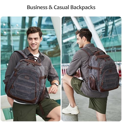 Travel Laptop Backpack 17.3 inch XL Computer Backpack for Men Waxed Canvas College Daypack Business Backpack Black Gray - color: Black Gray