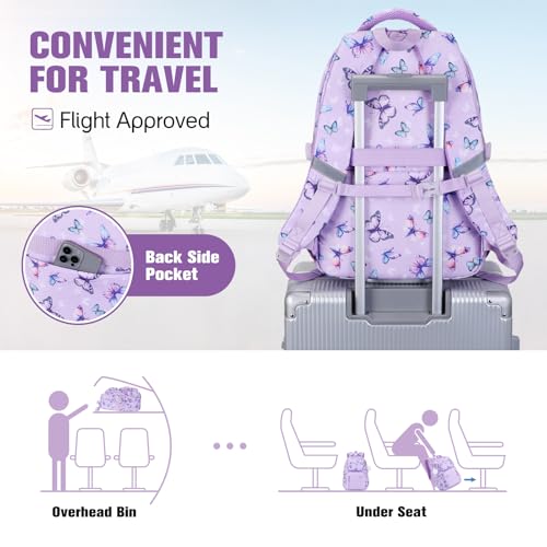 Bevalsa Backpack for Girls 3PCS Teen Girls Backpack for School with Lunch Bag Pencil Case Purple Cute Kids Laptop Backpacks Bookbag for Elementary Middle High School College Student (Butterfly) - color: Purple Butterfly