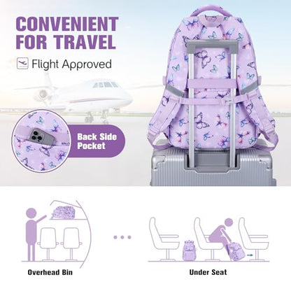 Bevalsa Backpack for Girls 3PCS Teen Girls Backpack for School with Lunch Bag Pencil Case Purple Cute Kids Laptop Backpacks Bookbag for Elementary Middle High School College Student (Butterfly) - color: Purple Butterfly