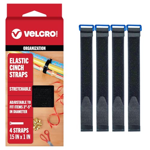 VELCRO Brand VEL-30792-AMS 15 Inch Elastic Straps 4 Pack | Stretchable and Adjustable for Snug Fit | Fasten Lumber, Yoga Mats, Tools, Camping Equipment, More | Cinch with Buckle, Black 15x1 - size: 4PK Medium 15"