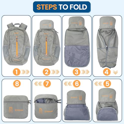 ZOMAKE Ultra Lightweight Packable Backpack 25L, Foldable Hiking Backpacks Water Resistant Small Folding Daypack for Travel(Silver Grey with Orange Zipper) - color: Silver Grey With Orange Zipper